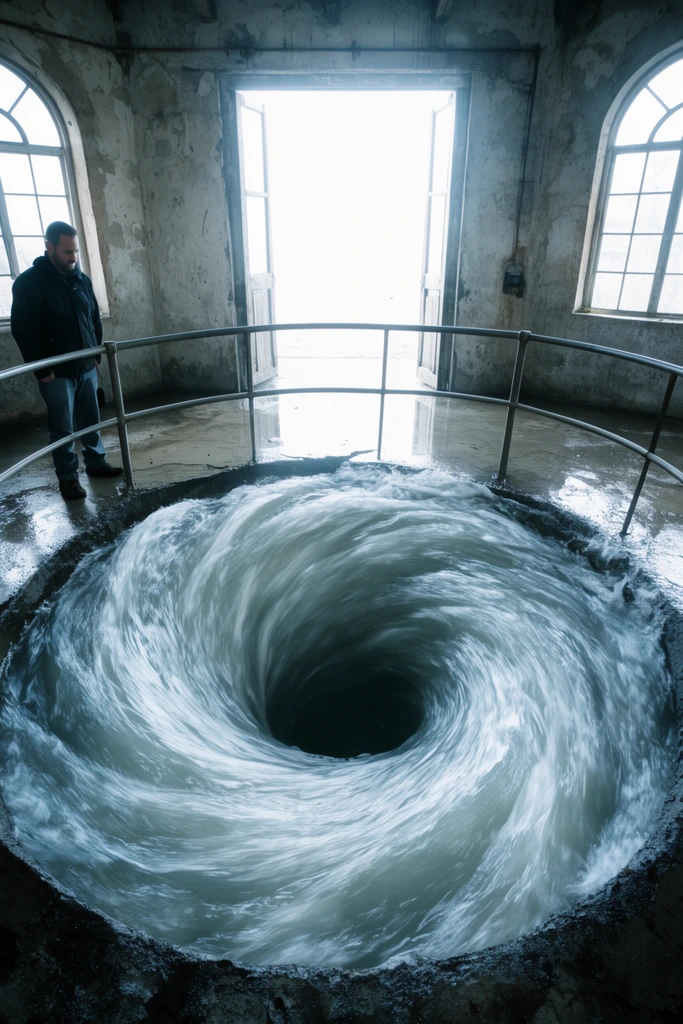 A massive circular vortex of rapidly swirling water plunges into a wet concrete floor enclosed by a curved metal railing. Intensely bright daylight floods the rustic industrial room through a large open doorway and arched windows. A man stands at the left edge observing the deep whirlpool. Wide-angle photograph with cool, high-contrast lighting.
