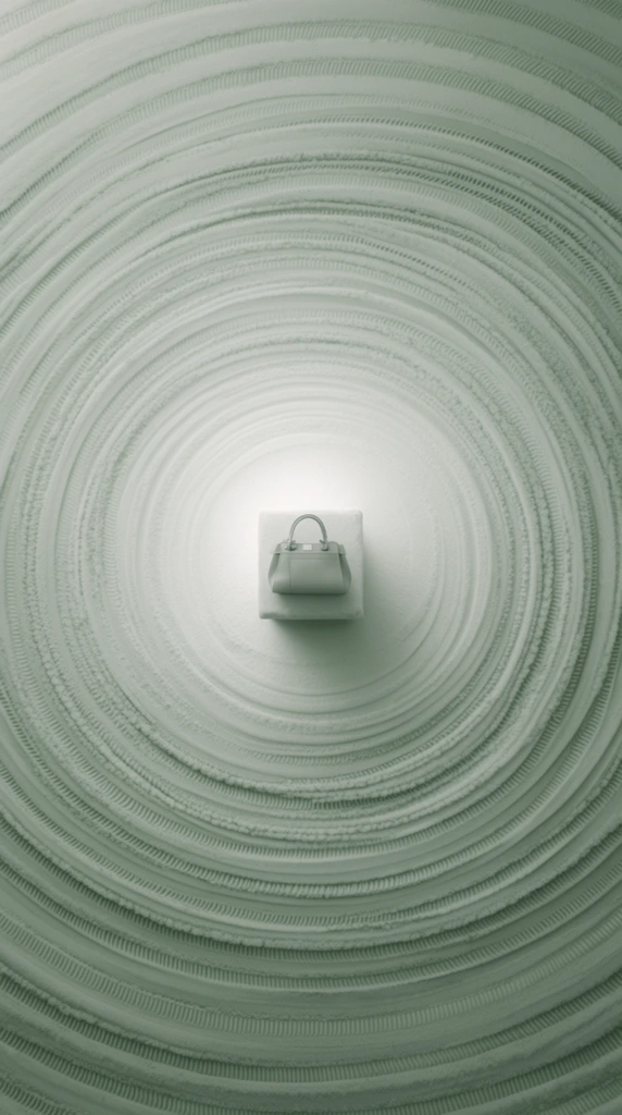 A handbag resting on a block, viewed from a strict zenith camera angle exactly at the dead center of a vast, mesmerizing spiral composition. The surrounding environment is defined by a tightly wound, continuous spiral of raised textural bands and fine, repeating ridges radiating outward to the edges of the frame, forming a hypnotic geometric pattern. The entire scene features a monochromatic, desaturated palette of frosty sage green and pale mint, heavily layered with a soft, powdery matte finish. Diffused ambient lighting creates a gentle, bright gradient glowing at the central core around the block and handbag, gradually deepening into richer, shadowed greens along the outer rings of the spiral. The orthographic top-down perspective flattens the visual plane, emphasizing the stark minimalism, precise radial symmetry, and sweeping scale of the swirling textural tracks.