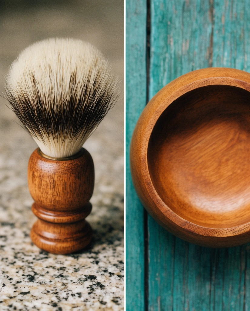 diptych of rustic grooming accessories, left panel features an upright shaving brush with a turned wood handle and flared two-toned bristles on speckled granite with shallow depth of field, right panel is a top-down view of a smooth wooden bowl with a thick rim on weathered teal painted wood planks, macro product photography, warm earthy palette, soft diffuse lighting, prominent analog film grain