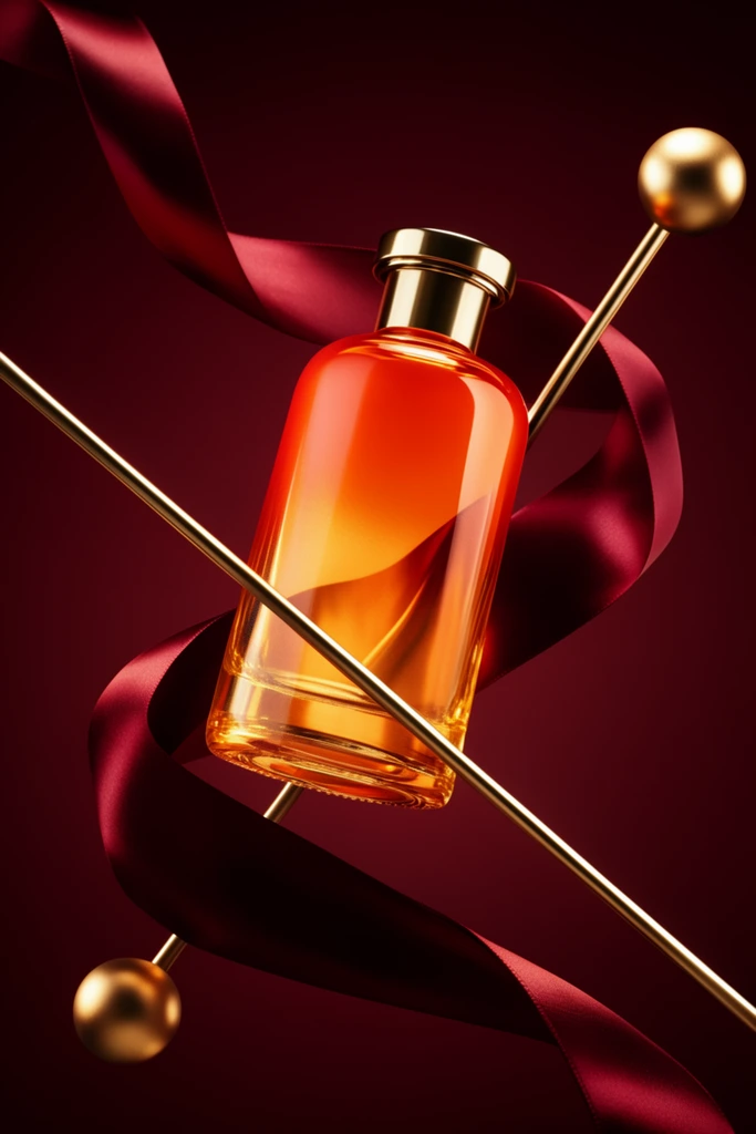 floating orange gradient glass bottle with a gold cap, wrapped by a flowing dark red satin ribbon, intersecting diagonal gold metallic rods, balancing golden spheres, deep burgundy background, zero gravity composition, high-end commercial photography, dramatic warm lighting