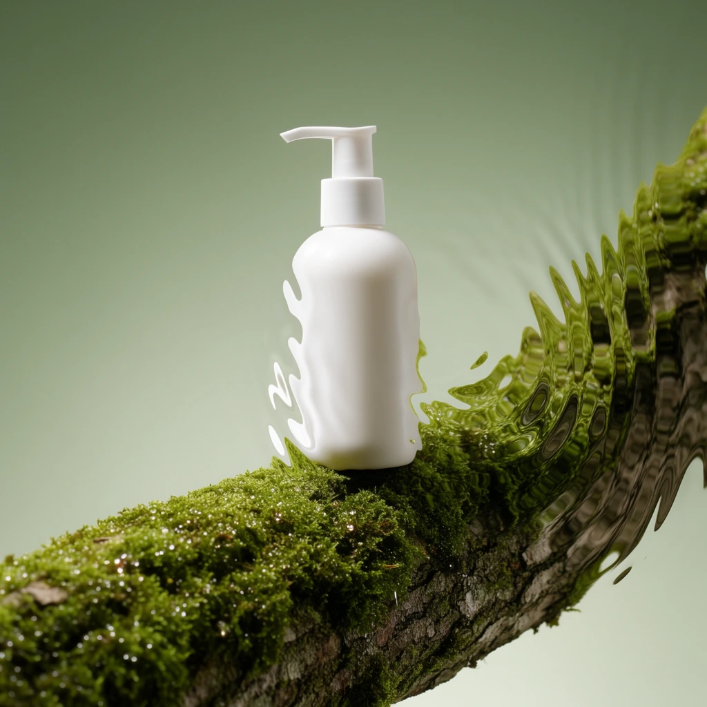 A white pump bottle rests on a thick, moss-covered tree branch against a minimalist sage-green gradient background. The left edge of the bottle displays a surreal, melted distortion. Vibrant green moss heavily coats the rough bark, speckled with tiny, light-catching droplets. A rippling, water-like refraction visually bends the right side of the branch, adding a fluid dynamic to the composition. The soft, diffused lighting creates an organic, tranquil product photography aesthetic focused on natural textures.
