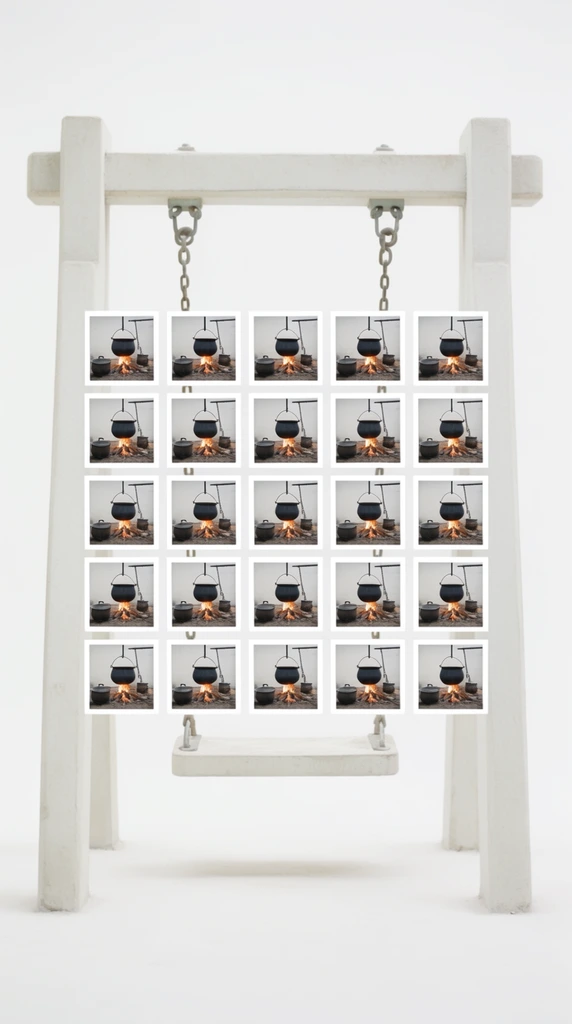 A centrally framed, blocky swing set stands against a stark, high-key white background under soft, even studio illumination. Superimposed directly over the middle of the swing set is a perfectly aligned 5x5 geometric grid of twenty-five smaller square photographs, each framed by a thin white border. Every individual square within this rigid central matrix displays an identical, repeated scene of a cauldron suspended over a burning fire alongside scattered pots. The conceptual photo-collage composition juxtaposes the large-scale, softly rendered background structure with the denser, high-contrast repetitive scenes neatly organized in the foreground grid, resulting in a flat, surreal, graphic aesthetic with precise right angles and symmetrical framing.