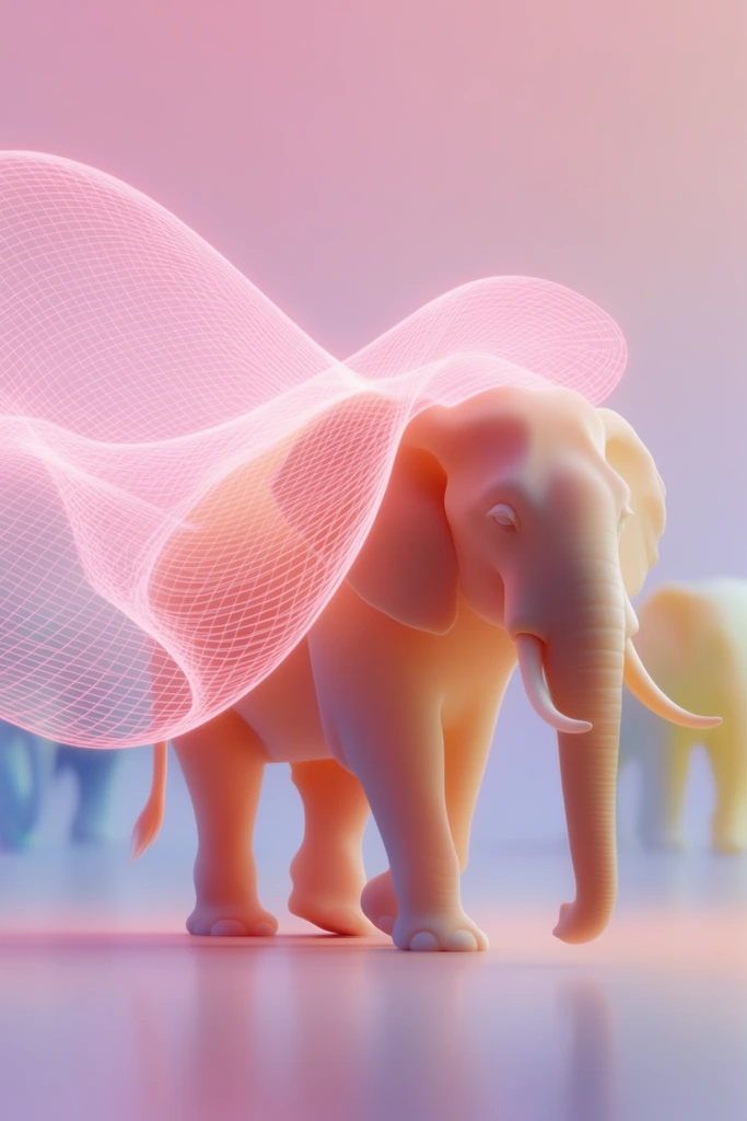 stylized 3D render of a walking elephant, smooth sculptural peach texture, enveloped by a sweeping abstract glowing pink wireframe wave draped over its back, luminous soft gradient background blending pastel pink to lavender, smooth reflective floor, blurred faint blue and yellow elephant silhouettes in the background, volumetric lighting, shallow depth of field, surreal pastel neon aesthetic