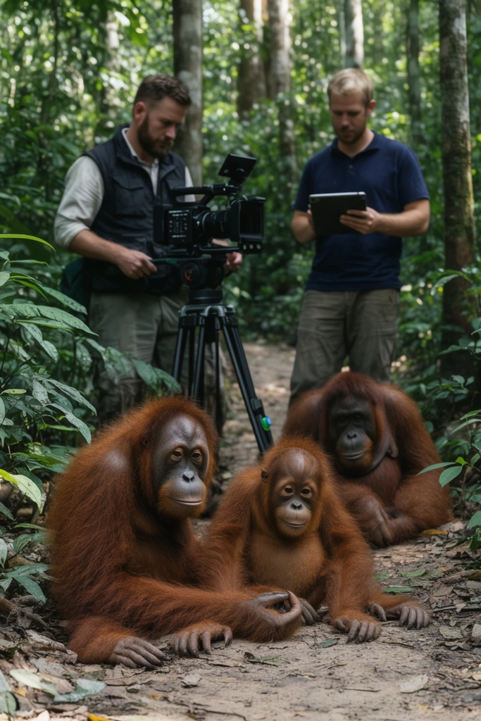 three orangutans resting on a dirt trail in a lush rainforest, foreground focus on the reddish-brown primates, background shows two male researchers observing, one in a dark vest operating a digital cinema camera on a tripod, the other in a navy shirt holding a tablet, dense green foliage, tall tree trunks, dappled natural sunlight, documentary wildlife photography, shallow depth of field