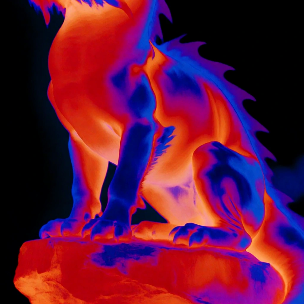 thermal imaging aesthetic, infrared heat map style, a qilin sitting atop a jagged rock pedestal, vibrant high-saturation color palette of fiery red, incandescent orange, deep royal blue, and neon purple, high contrast liquid transitions between thermal zones, glowing heat signatures, pitch black background, posterized organic gradients, mythical creature anatomy rendered through heat intensity, sharp jagged stone textures, soft thermal blooms, ethereal digital finish, high-definition