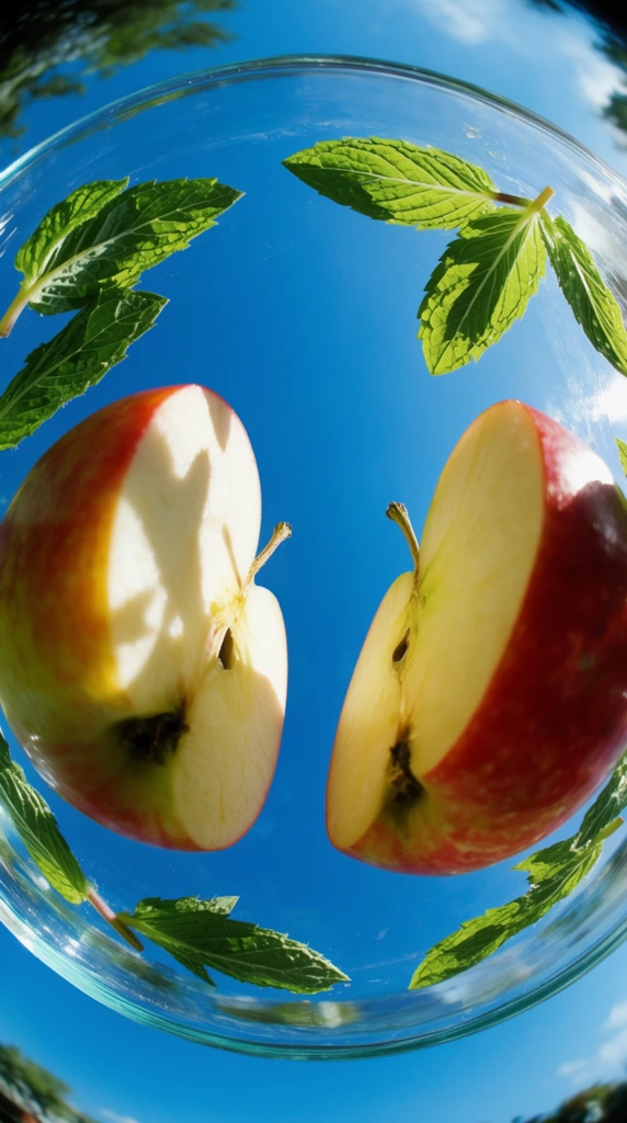 An extreme low-angle, nadir-perspective fisheye shot looking directly upward through the bottom of a transparent glass plate. Two halves of a vibrant apple rest on the clear surface, their forms towering inward toward the center of the frame, heavily exaggerated by severe barrel distortion. Bright green mint leaves are scattered radially around the extreme curved edges of the composition, their shapes stretched and bending inward along the spherical, downward-sloping curvature of the glass. The extreme ultra-wide-angle lens bows the perimeter of the plate into a distinct globe-like shape, creating a circular framing effect around an expansive central void. Harsh, intense direct sunlight strikes the subjects from above, casting sharp, high-contrast shadows and crisp specular highlights directly against the transparent boundary. The environment visible beyond the clear plate is a brilliant, highly saturated azure blue sky with stark clarity. The aesthetic features vivid, hyper-saturated color grading, deep depth of field keeping the immediate foreground objects and the distant background in sharp focus, and exaggerated, looming spatial proportions.