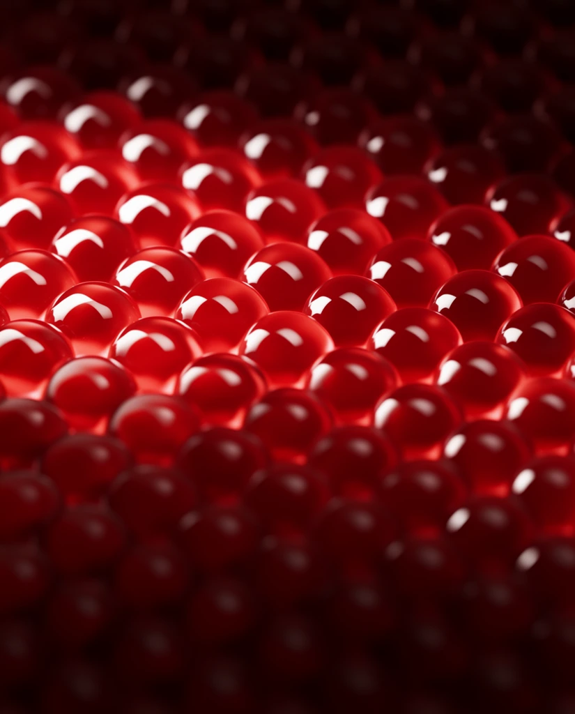 A dense grid of glossy, translucent red spheres fills the frame in a close-up macro perspective. The identical spherical objects resemble smooth gel beads packed tightly to form a continuous textured surface. Strong directional lighting from the upper left creates sharp, brilliant white crescent highlights on the curves while casting deep crimson shadows in the crevices between the objects. An extremely shallow depth of field isolates a central diagonal band of spheres in crisp focus, softening the immediate foreground and distant background into a dark, velvety red blur. This hyper-realistic composition highlights the sleek, highly reflective, and tactile qualities of the repeating geometric pattern.