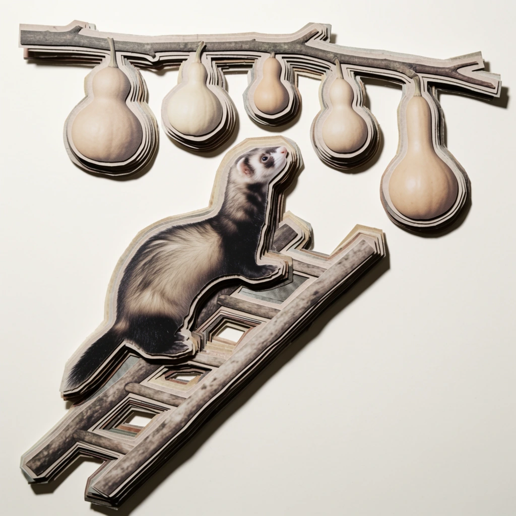 A multi-layered, three-dimensional paper cutout collage of a ferret climbing a wooden ladder towards five hanging gourds on a branch. The ferret, ladder, branch, and gourds are constructed from stacked, concentric layers of die-cut photographic prints, creating a stepped, topographic relief effect with thick, visible paper edges. Direct, harsh frontal studio flash illuminates the arrangement, casting stark, crisp drop shadows behind every individual paper layer onto a plain off-white backdrop to emphasize the physical depth of the overlapping pieces. The overall aesthetic features a desaturated color palette of muted earth tones, warm beiges, and soft sepia-tinted grays, highlighting the matte texture of the printed paper and the precise, mechanical blade-cut borders of the mixed-media elements.