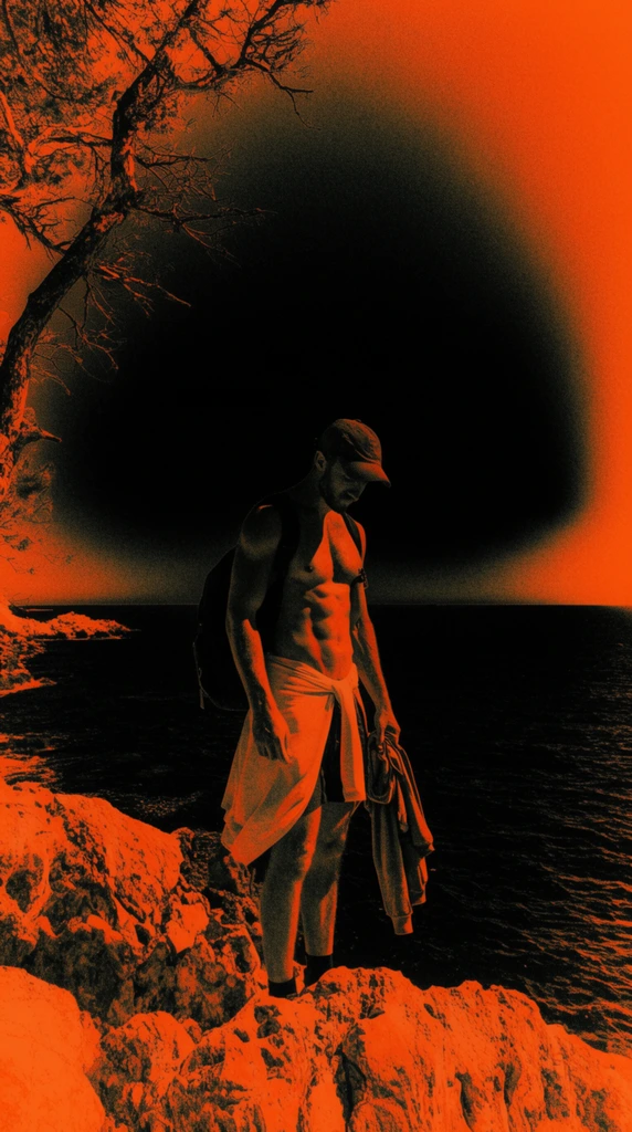 A shirtless man stands on a rugged cliff edge against a dark ocean, rendered in an extreme, high-contrast duotone of saturated orange and pitch black. The muscular figure wears a baseball cap, a light-colored fabric draped around his waist, and a dark backpack, holding a garment in his left hand. He looks down at the jagged foreground rocks glowing intensely with the vibrant orange hue. A gnarled tree branch leans into the top left frame. Behind him, a massive, dense black shadow forms a central void, engulfing the horizon where the deep water meets a heavily vignetted sky. The high-ISO film grain and aggressive solarized color grading create a stark, surreal visual.