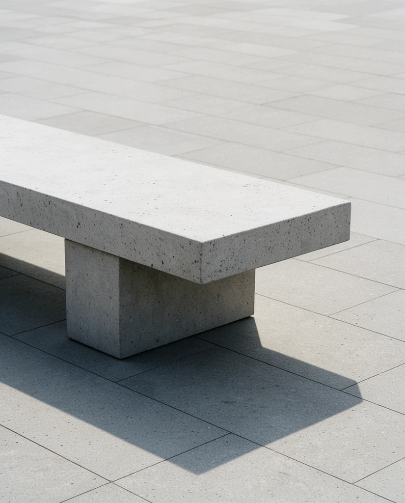 A brutalist light gray stone bench rests on a wide paved plaza. The minimalist structure features a thick rectangular slab seat on a solid blocky support base, crafted from porous textured concrete. Strong directional sunlight from the upper right casts a sharp geometric shadow onto the ground. The surrounding floor consists of large rectangular paving tiles with fine dark grout lines. A high-angle, off-center perspective crops the left side of the bench, highlighting stark geometric forms, clean architectural lines, and photorealistic modern design.