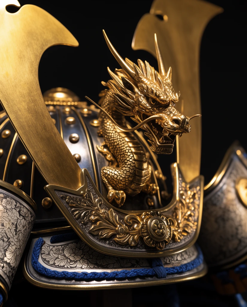 A close-up of an ornate samurai helmet against a solid black background. A sculpted golden dragon crest with textured scales and long whiskers rests on the front brim, positioned between two large, sweeping golden horns. The dark metal helmet plates are accented by gold rivets, intricate floral engravings, and braided blue lacing. Dramatic, warm directional lighting highlights the polished metallic textures, creating high contrast and deep shadows with a shallow depth of field.