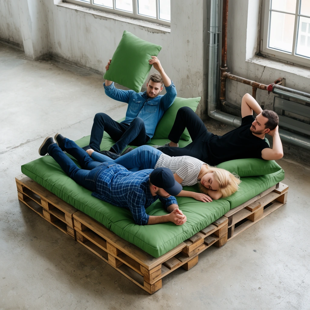Viewed from a high angle, four adults lounge on a low wooden pallet bed with green cushions in a stark industrial room with concrete floors. In the foreground, a man in a blue plaid shirt and baseball cap lies on his stomach. Beside him, a blonde woman rests on her side. Behind them, one man in a denim shirt hoists a cushion into the air while another in black reclines with hands behind his head near exposed pipes.