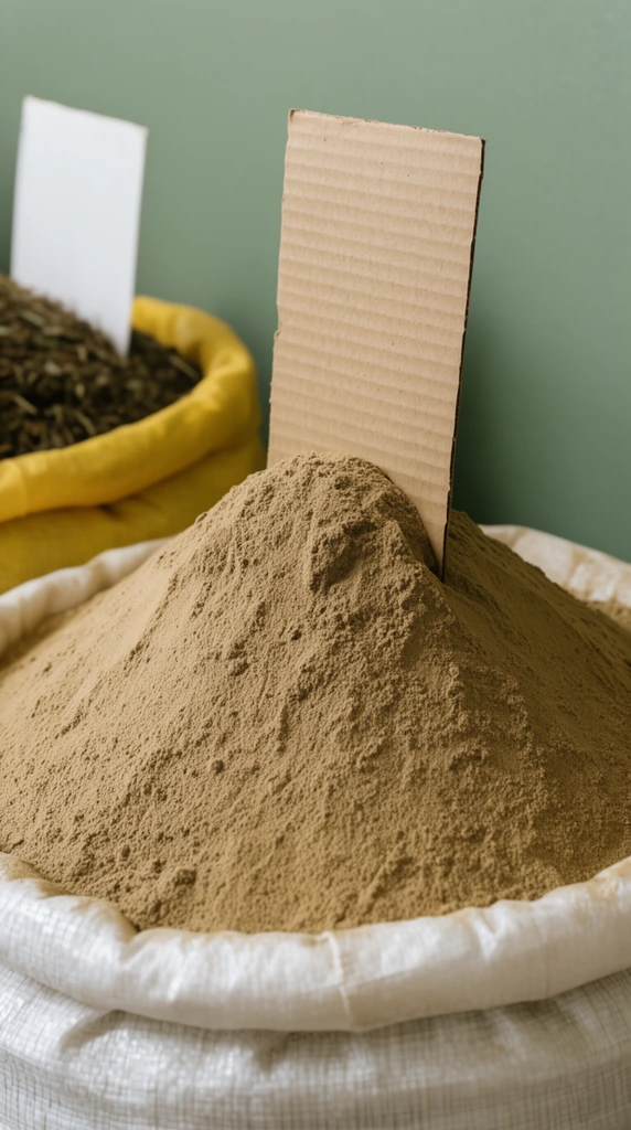 large conical mound of fine khaki-brown powder in a white woven sack, blank corrugated cardboard marker stuck vertically in the center, sharp focus on powdery texture, background yellow sack of dark coarse herbs with a blank white tag, flat matte sage-green wall, shallow depth of field, warm earthy tones, close-up documentary photography
