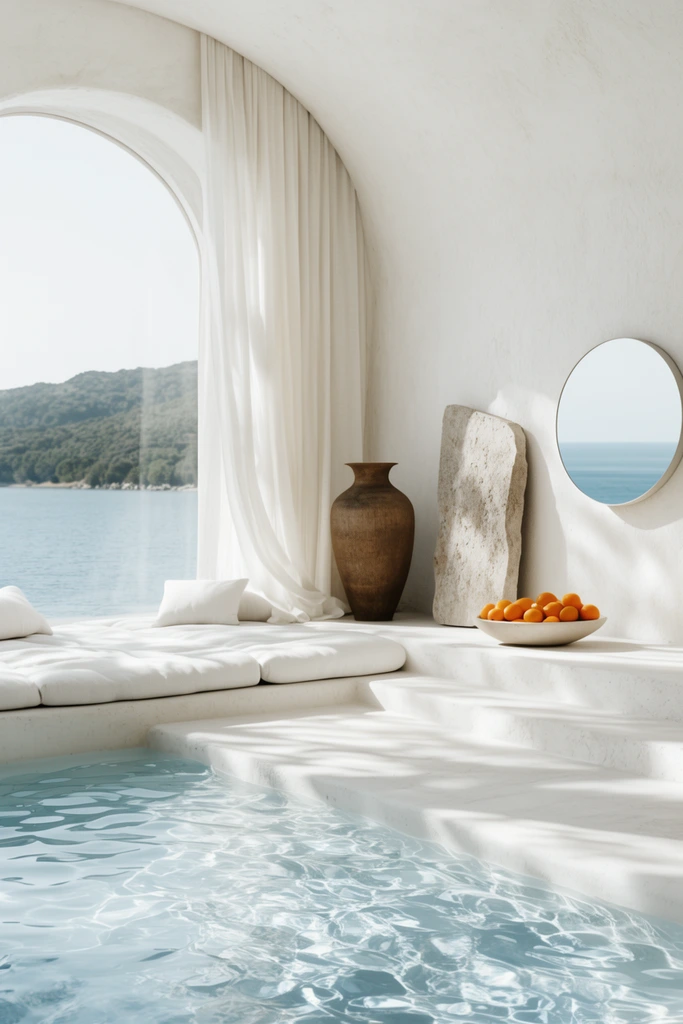 minimalist white stucco interior, indoor pool with rippling clear blue water, large arched window framing a calm sea and green hills, built-in daybed with white cushions, sheer draped curtain, tall brown vase, bowl of bright oranges on a stepped floor, leaning stone slab, round mirror reflecting the ocean, bright natural sunlight, soft dappled shadows, serene Mediterranean architectural aesthetic