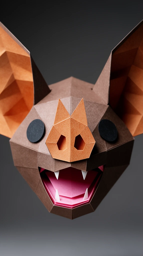 A macro close-up of a geometric papercraft bat head made from folded brown paper. The low-poly design features faceted orange-brown inner ears, a hexagonal nose, and flat black circular eyes. An open mouth reveals layered pink paper and tiny white fangs. Soft studio lighting highlights the sharp creases and matte texture against a smooth dark gray gradient background.