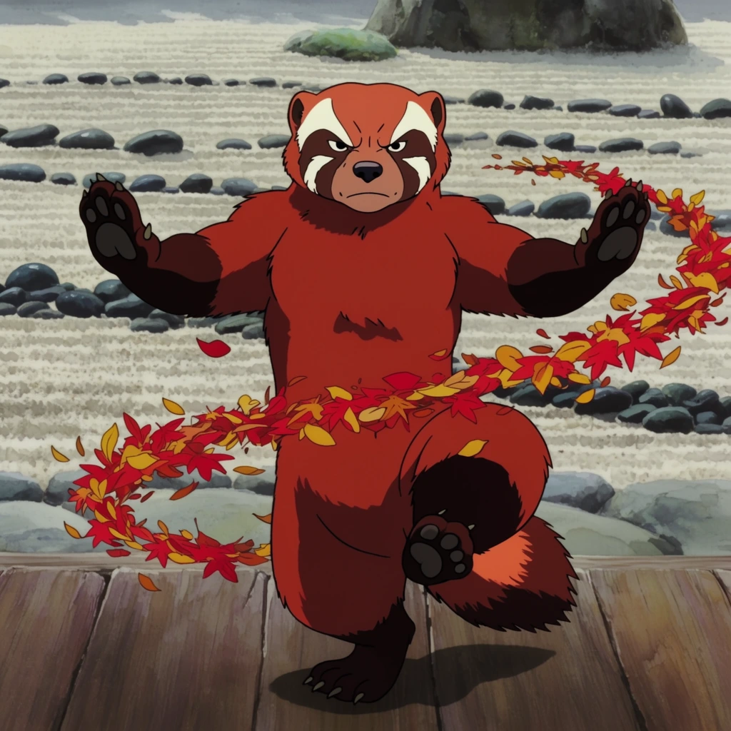 A plump, rusty-red wolverine with striking white facial stripes balances perfectly on one hind leg in a disciplined martial arts crane stance. The creature holds its front paws outstretched with a fiercely focused, deeply furrowed expression. A dramatic vortex of vibrant crimson and gold autumn leaves spirals around its body. The scene unfolds on a weathered wooden porch overlooking a meticulously raked zen sand garden dotted with smooth, dark river stones. Traditional 2D cel-shaded animation techniques define the wolverine, set against a highly detailed, hand-painted watercolor background. Soft, diffused daylight highlights the rich earth tones of the thick fur against the minimalist grays and crisp lines of the tranquil rock garden environment.