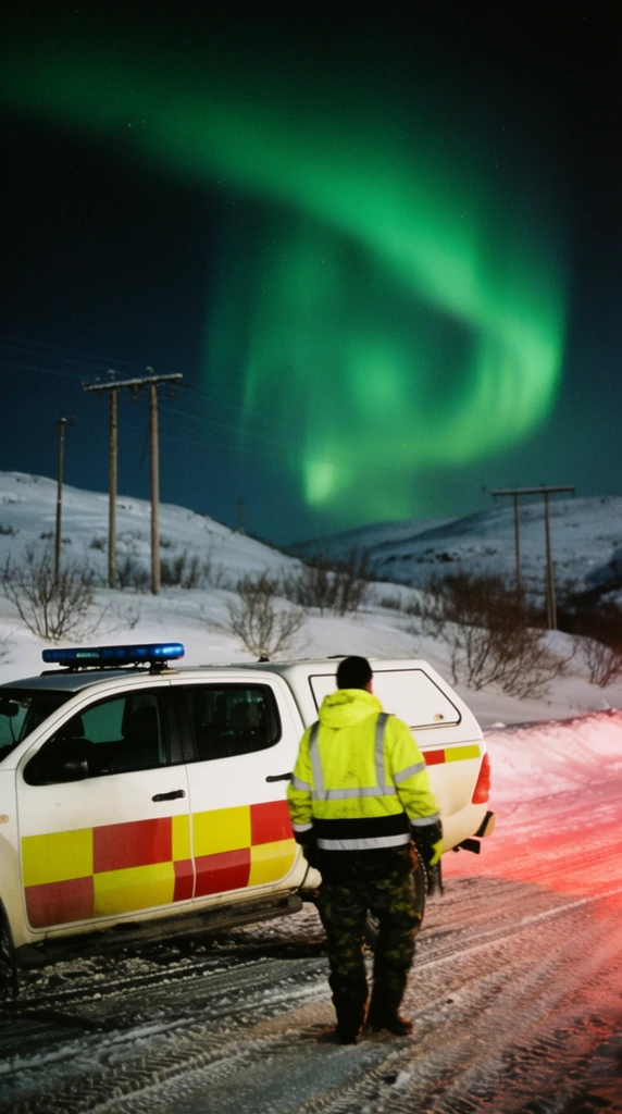 A figure wearing a fluorescent yellow high-visibility jacket with reflective stripes and dark camouflage pants stands facing away from the camera next to a white pickup truck on a winter night. The truck features a rear canopy, yellow and red block decals along its lower side, and a blue light bar mounted on the roof. Tire tracks mark the snow-covered ground, which is illuminated by a warm red glow near the right edge. In the midground, tall wooden utility poles line snow-draped hills dotted with bare shrubs. The dark night sky is dramatically illuminated by a sweeping, vibrant green aurora borealis dominating the upper half of the composition. The image has a candid, low-light photography style with high contrast between the glowing sky and the dark landscape.