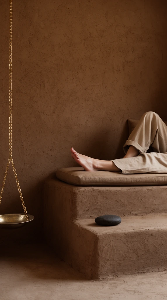 Bare feet and legs in loose beige trousers rest on a cushioned, tiered mud-plaster bench. The minimalist, monochromatic warm brown interior features highly textured earthy walls, a dark oval stone resting on a lower step, and a shallow metallic basin hanging from a gold chain in the softly lit left foreground.