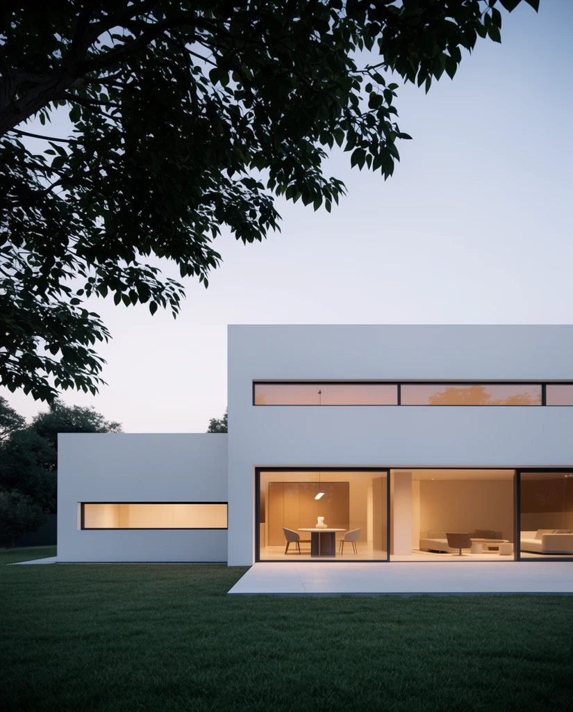 A minimalist white modern house rests on a manicured lawn under a pale twilight sky. The flat-roofed geometric structure features stark white exterior walls punctuated by long narrow horizontal windows and expansive sliding glass doors. Warm amber light spills from the interior revealing minimalist furnishings including a dining table and seating. A dark canopy of leafy tree branches frames the upper left foreground. The scene relies on architectural photography to emphasize clean lines and stark contrast.