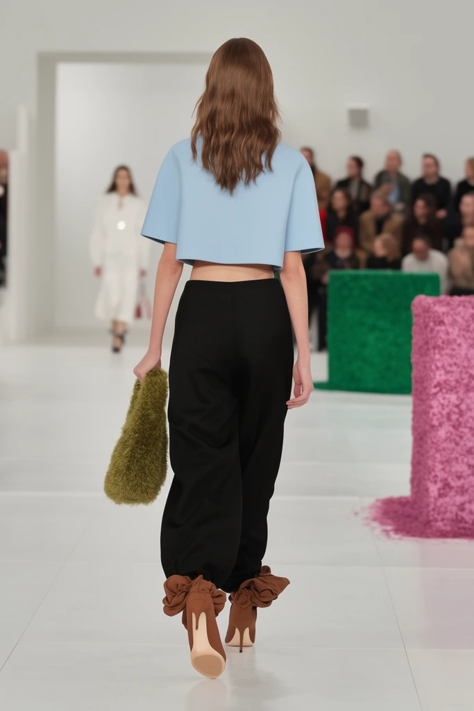 back view of a fashion model walking down a bright white runway, structured light blue short-sleeved crop top, flowing wide-leg black trousers, unusual brown high heels with bunched fabric ankle details, fuzzy olive green handbag, shallow depth of field, blurred seated audience, distant model in white attire, vibrant textured green and pink cube installations on the right, soft even lighting, high fashion runway photography