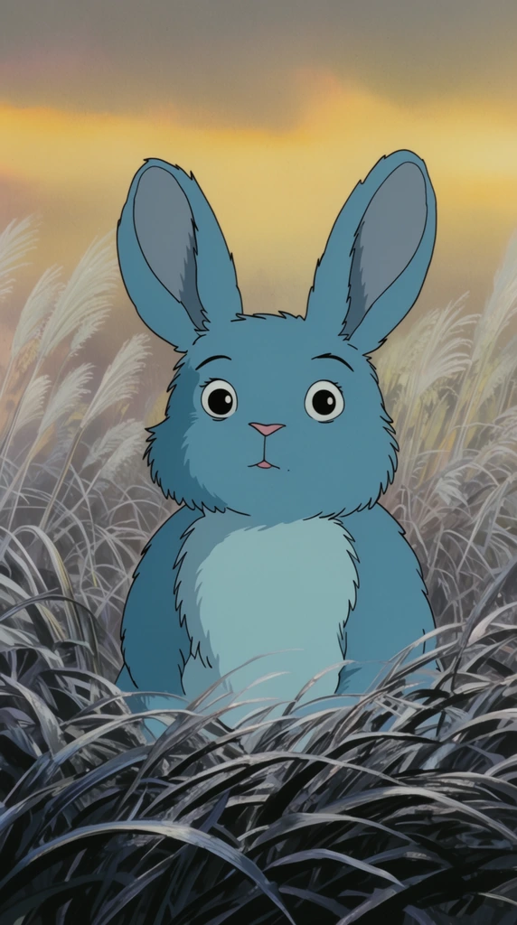 A fluffy blue rabbit sits upright amidst dense silver reeds in a traditional 2D animated style. The creature features oversized ears and large eyes. Thick dark metallic grass dominates the lower foreground. A hazy golden twilight sky creates a soft atmospheric backdrop. Hand-drawn cel animation techniques use muted pastel gradients.