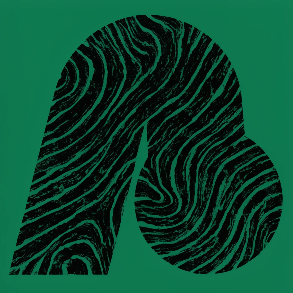 A bold, abstract geometric composition on a flat emerald green background. A central figure merges an angular arch with a circular form, both filled with a distressed, black undulating line pattern resembling raw woodgrain or topographic contours. The rough, textured black lines reveal the solid green beneath, creating a striking two-color linocut print aesthetic with organic, flowing internal rhythms contrasting against sharp outer silhouettes.