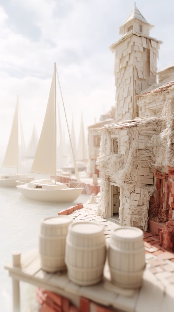 Several sailboats rest in a bright, hazy harbor, framed by a foreground dock holding three barrels and a cluster of buildings with a tall tower positioned on the right. The sailboats feature matte, bone-white hulls and sails, floating on a pale, overexposed expanse of water. In the immediate foreground, the three meticulously textured barrels and dock are rendered with a soft, out-of-focus blur. To the right, the buildings and tower display dense, heavily layered parametric textures consisting of rough, fibrous extrusions and staggered, overlapping geometric tiles. The scene utilizes a high-key color palette dominated by monochromatic creams, off-whites, and ivory, accented by isolated touches of muted terracotta in the structural bases and shadowed recesses. The lighting is intensely bright, soft, and diffused, washing the environment in a brilliant glare under a pale, lightly clouded sky. Captured from an elevated angle with a pronounced shallow depth of field, the crisp midground focus contrasts with the blurred foreground and background, establishing the tactile, hyper-detailed visual quality of a miniature physical architectural model constructed with completely matte, non-reflective materials.