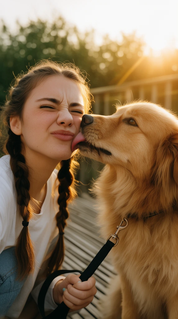 close-up portrait, young woman with braided pigtails squinting, fluffy golden dog licking her cheek, holding a black leash, slatted deck, golden hour lighting, warm sun flare, candid outdoor photography, shallow depth of field