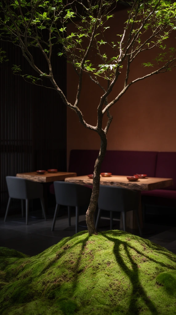 A slender, twisting tree with textured bark and delicate bright green leaves emerges from a vibrant mound of lush moss in the immediate foreground. Dramatic overhead lighting casts sharp branch shadows across the textured mossy terrain. In the soft-focus background, an elegant, dimly lit dining room features thick live-edge wooden tables arranged with small reddish bowls. Sleek charcoal-gray chairs and a deep burgundy banquette provide seating along a warm, earthy terracotta wall and dark slatted wood panels. The shallow depth of field isolates the illuminated natural elements against the moody, low-key architectural environment.