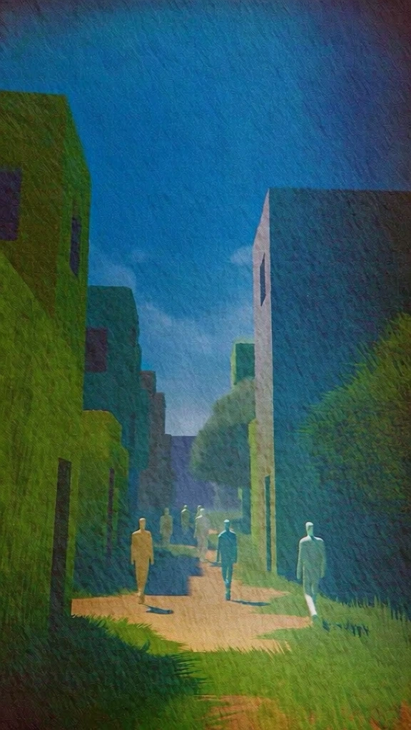 low-poly 3d rendering in a dreamcore aesthetic, heavy stochastic grain and canvas-like paper texture, saturated teal and acidic green color palette with flat surreal lighting, small featureless human silhouettes walking away down a narrow perspective-heavy street flanked by tall boxy minimalist buildings, nostalgic early 2000s video game graphics, liminal space atmosphere, vibrant blue skybox, sharp digital noise, high contrast soft-focus gradients.