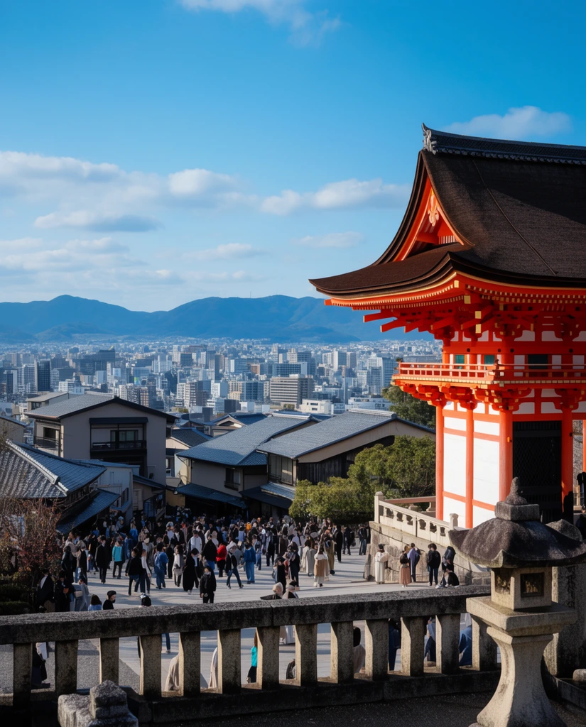 An elevated view contrasts a vibrant vermilion wooden temple gate featuring a sweeping dark roof on the right against a sprawling modern metropolis. A weathered stone railing and carved lantern overlook a bustling paved plaza filled with crowds navigating between traditional low-rise buildings. The dense cityscape fades into rolling blue mountains under a crisp, partly cloudy blue sky captured with deep depth of field.
