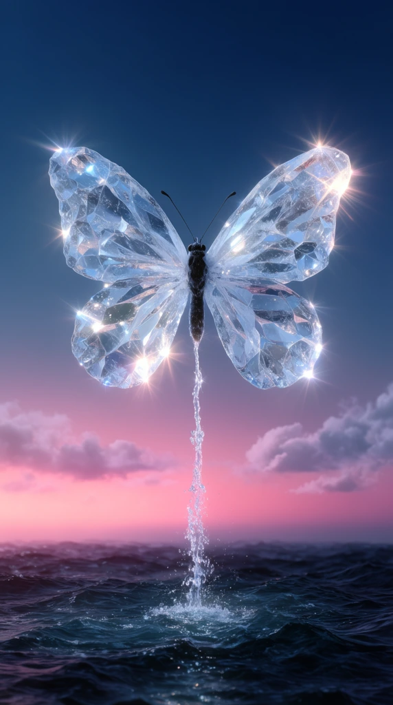 A surreal crystalline butterfly hovers against a twilight sky gradient of deep blue to vibrant pink. The wings resemble faceted clear ice, catching light to form brilliant starburst flares. A vertical splashing stream of water falls directly from the insect's dark abdomen into a choppy dark ocean below. Soft clouds drift along the glowing horizon. The magical realist composition features ethereal lighting, striking visual contrast, and a highly polished digital art aesthetic highlighting the translucent frozen wings.