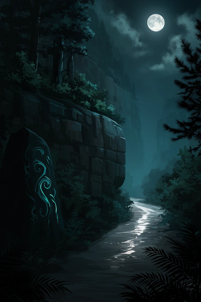 A moonlit pathway winds through a dark, steep gorge flanked by towering cliffs and dense forest foliage. A sheer, blocky rock wall dominates the left side, supporting clinging bushes and tall trees. In the deep shadow of the left foreground, a monolithic stone features swirling, glowing cyan markings. A reflective path flows through the center, catching stark white illumination from a full moon in the upper right sky. Silhouettes of pine branches and ferns frame the bottom and right edges. Hazy cliff silhouettes fade into a cool, misty background beneath wispy moonlit clouds. The digital illustration employs a moody deep teal and charcoal color palette with high-contrast atmospheric lighting.