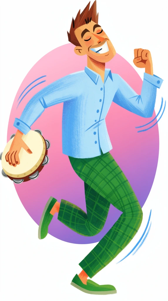 A joyful man dances energetically with a tambourine in a stylized retro-modern 2D illustration. He has spiky brown hair, a wide toothy grin, and closed eyes. His dynamic posture features a deep forward stride, a raised left fist, and a right arm swinging the tambourine backward. He wears a light blue button-down shirt, green plaid trousers, and green slip-on shoes. The vibrant artwork utilizes textured brushstrokes and curved blue motion lines accentuating his swinging limbs. The animated figure is centered against a smooth pink-to-purple gradient oval backdrop on a solid white canvas.