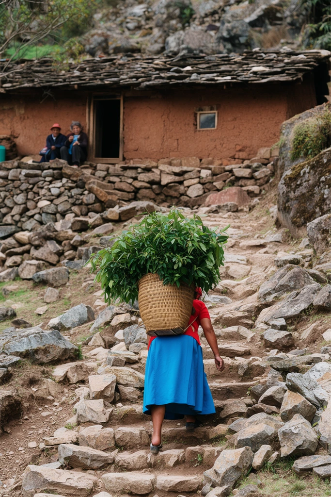 woman climbing a rugged stone path, wearing a red shirt and bright blue skirt, carrying a woven basket overflowing with green foliage on her back, rustic earth-toned mud house with a stone roof, two figures resting near the doorway, rocky hillside, natural daylight, documentary photography