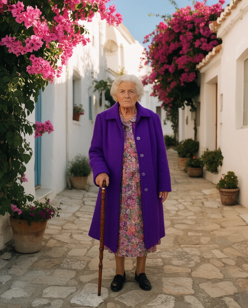 An elderly woman stands firmly in a sunlit Mediterranean alley, gripping a carved wooden cane. She wears a bright purple wool coat and floral dress against whitewashed walls and blooming pink bougainvillea, framed in a cinematic wide shot with crisp warm lighting.
