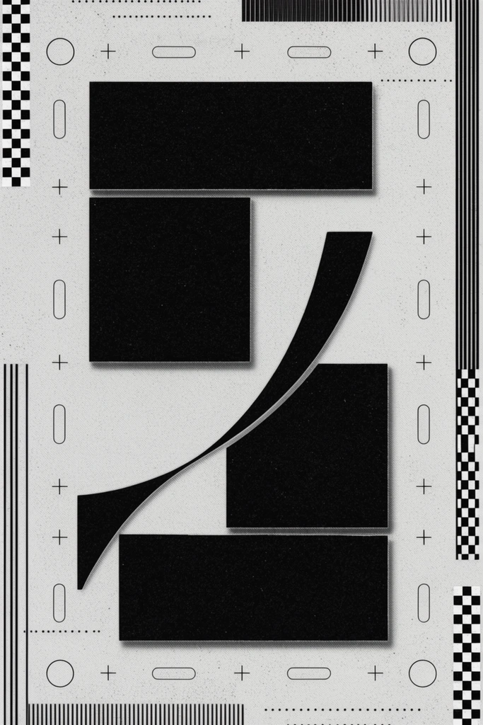 A monochromatic brutalist abstract composition on a heavily textured, off-white canvas with pronounced halftone grain. Massive, solid black interlocking geometric shapes dominate the center, offset with subtle shadows for a misregistered print effect. A single sweeping, elegant curved black form intersects the rigid blocky masses, providing sharp structural contrast. The layout is anchored by a precise grid system of small crosshair markers, hollow pill-shaped outlines, and perfect circles spaced symmetrically across the plane. The edges are punctuated by sharp black-and-white checkerboard bands and dense arrays of thin, varying-width vertical black lines. Scattered horizontal clusters of microscopic black specks add structural noise to the distressed aesthetic, emphasizing the high-contrast interplay of heavy solid mass and precise minimalist geometric framing.