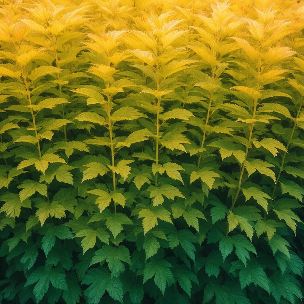 A dense, full-frame expanse of vibrant foliage forms a textured canopy of deeply lobed, serrated leaves on vertical stems. A dramatic color gradient cascades through the frame, with the uppermost leaves glowing in luminous golden-yellow before transitioning to chartreuse and deep emerald green in the shadowed lower layers. Soft overhead lighting highlights delicate vein structures and the rhythmic, symmetrical arrangement of the pointed foliage. This close-up nature photograph captures a hypnotic pattern of layered plant life, contrasting the brilliantly illuminated upper canopy against the cooler, dense undergrowth.