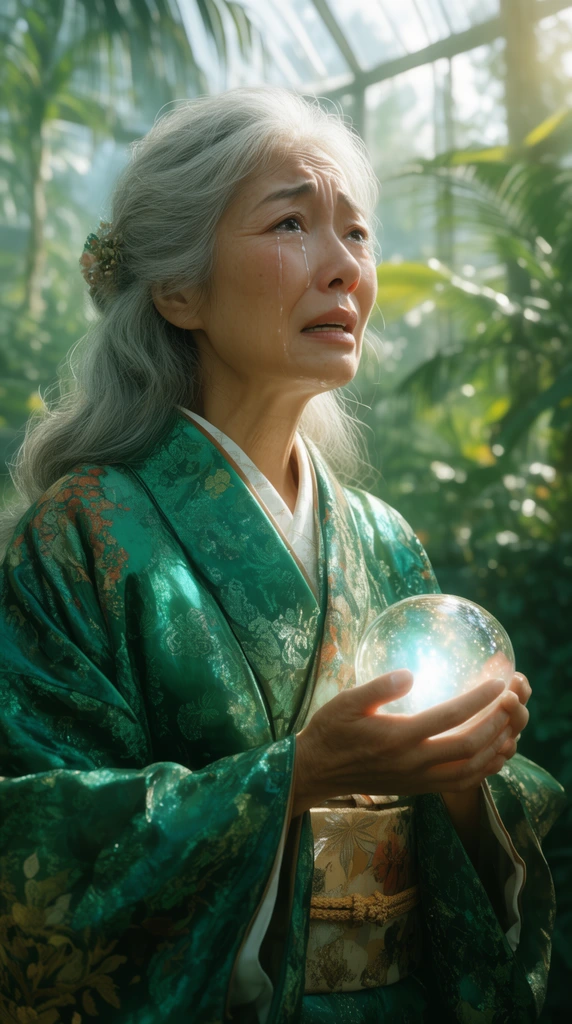 An elderly East Asian woman with flowing silver hair weeps tears of profound emotion inside a luminous botanical greenhouse. Wearing an elaborate emerald-green silk kimono, she gently clutches a glowing glass orb. Bright sunlight highlights her tear-streaked face against a softly blurred background of lush tropical foliage.