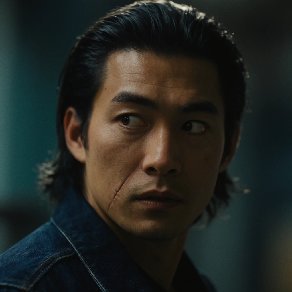 Asian man with slicked-back black hair and a slight jawline scar, intense brown eyes darting left, heavy dark blue denim jacket, dramatic moody lighting, cinematic close-up framing, shallow depth of field, anamorphic lens characteristics, blurred deep teal and charcoal background, high tension atmosphere, soft rim light on hair, detailed facial textures, strong shadows, 35mm film grain, hyper-realistic photography