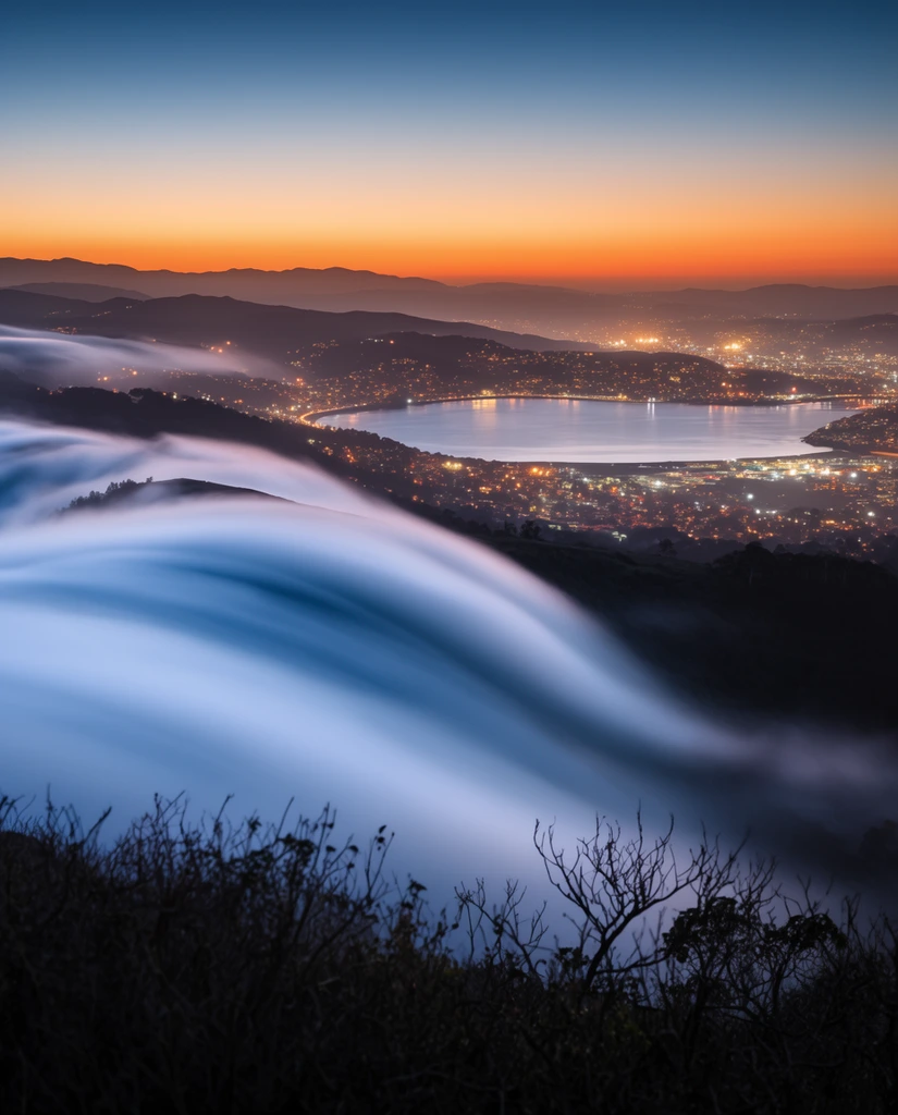 long exposure landscape photography, thick silky fog cascading like a waterfall over a dark ridge, silhouetted foreground brush, glowing warm city lights nestled around a calm bay in the valley below, distant layered mountains, twilight sky gradient from deep blue to vibrant orange, ethereal cool fog contrasting with sprawling urban illumination, wide scenic vantage point