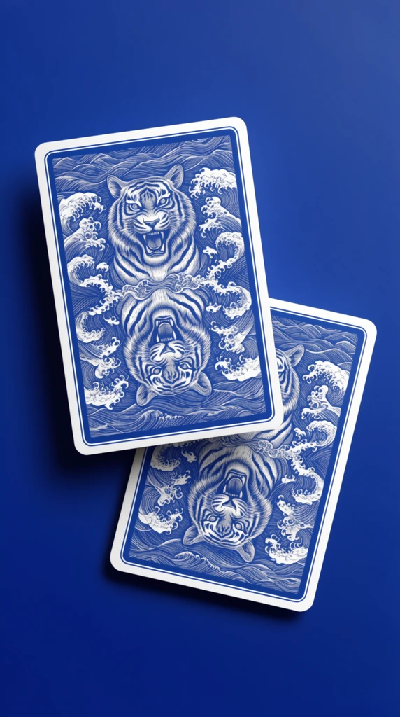 Two overlapping playing cards rest on a seamless, deep cobalt blue background, angled slightly apart. The top card tilts left and the bottom right. Both feature identical, symmetrical white line-art on a matching cobalt base, framed by crisp white borders. The mirrored design showcases a roaring tiger face rendered in an intricate, engraved woodblock style, enveloped by dense, swirling ocean waves. The tiger appears upright on the top half and inverted below. Soft, diffused lighting casts a smooth drop shadow to the left, creating a subtle floating effect. The pristine studio composition highlights the high-contrast monochromatic palette and densely patterned linework of the animal and water motifs.