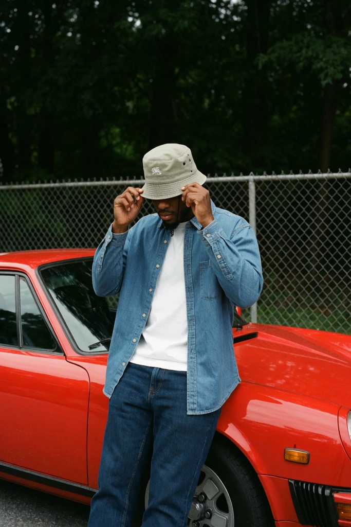 man adjusting bucket hat over eyes, blue denim shirt, leaning against vintage red sports car, chain-link fence and dark trees background, 35mm film photography, grainy cinematic aesthetic
