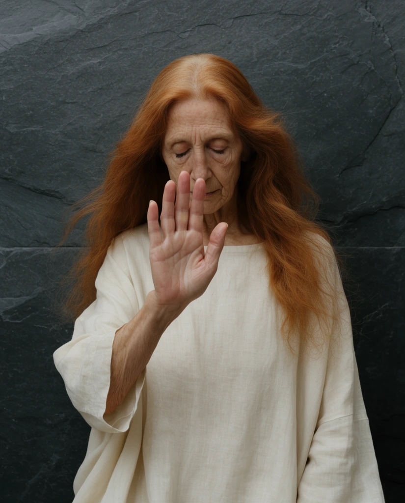 A minimalist studio portrait of an elderly woman with flowing copper hair raising her palm in a defensive gesture. She wears a draped cream linen tunic, her head slightly bowed and eyes closed. Her raised right hand partially obscures her lower face. Soft, diffused lighting highlights her weathered skin against a rough charcoal slate backdrop. The muted color palette and medium format framing emphasize the quiet, introspective mood of her shielding pose.