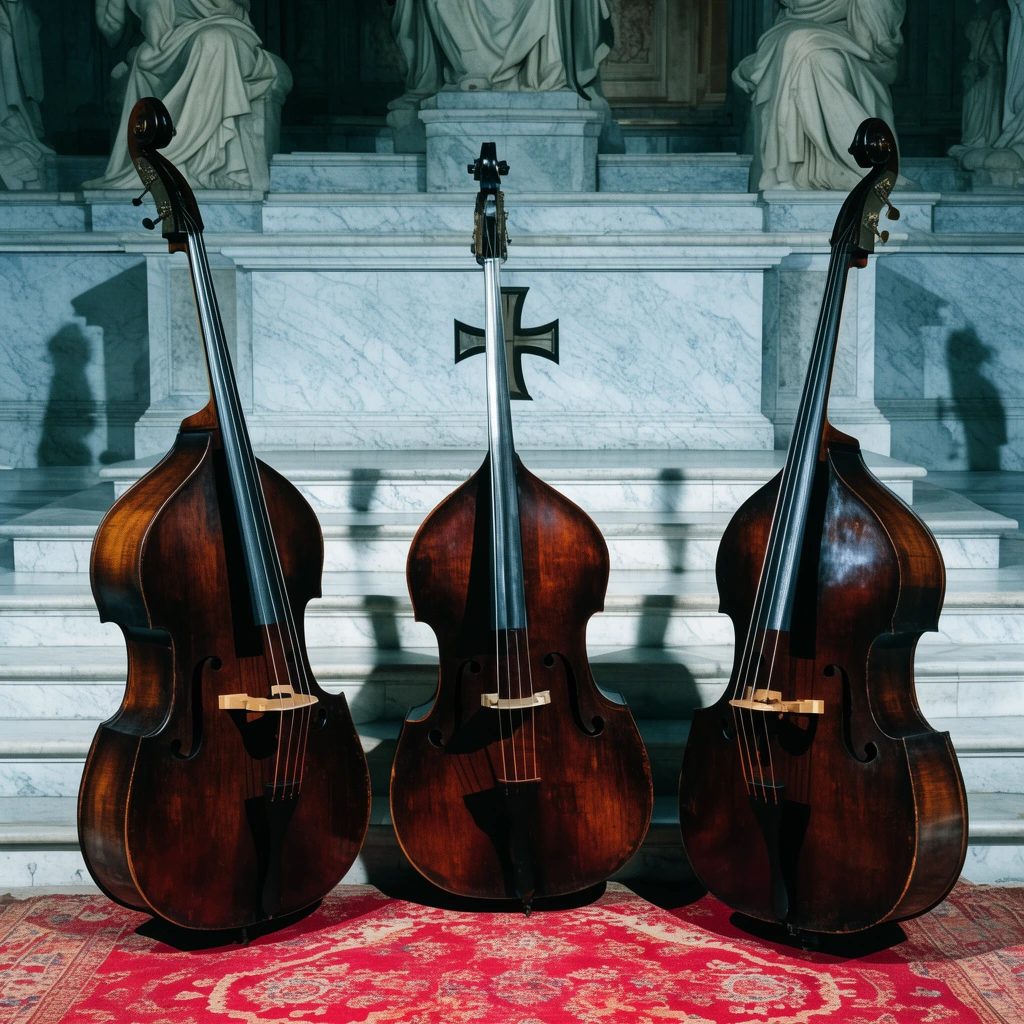 Three dark, varnished wooden double basses stand on a red patterned rug before a tiered white and grey marble altar. Strong lighting casts distinct shadows from the tall curved instruments onto the cool-toned stone steps, central dark cross emblem, and classical statues in the background.