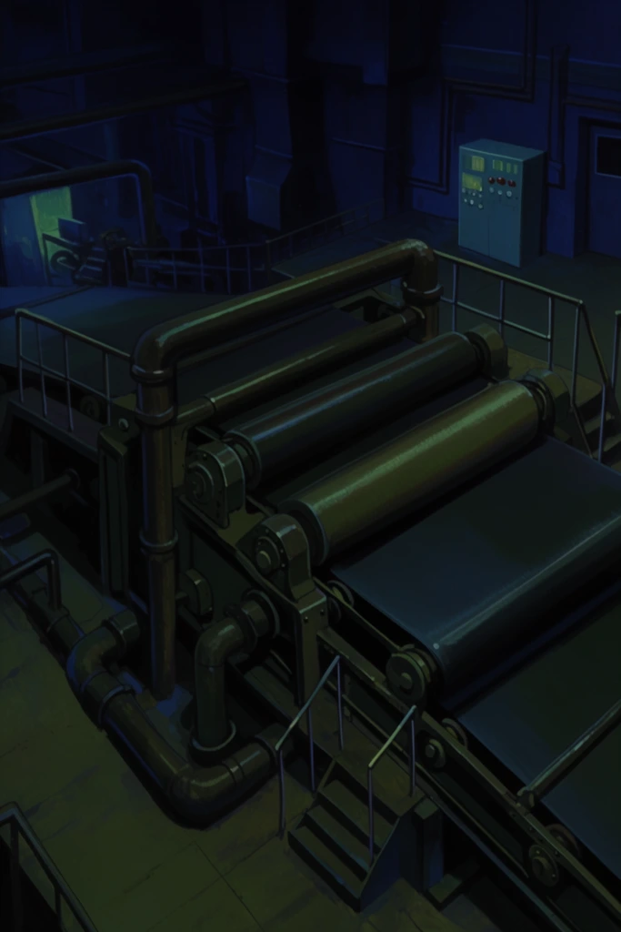 Viewed from a high angle, a massive industrial machine dominates a dimly lit factory floor in a hand-painted 2D animation background style. The heavy apparatus features large cylindrical rollers, wide conveyor belts, intersecting pipes, and metal handrails. A nocturnal atmosphere is established through a moody color palette of deep blues and muted olive greens. Dim artificial lighting catches the metallic curves of the equipment and a distant control panel, casting stark shadows that emphasize the intricate mechanical details of the cavernous facility.