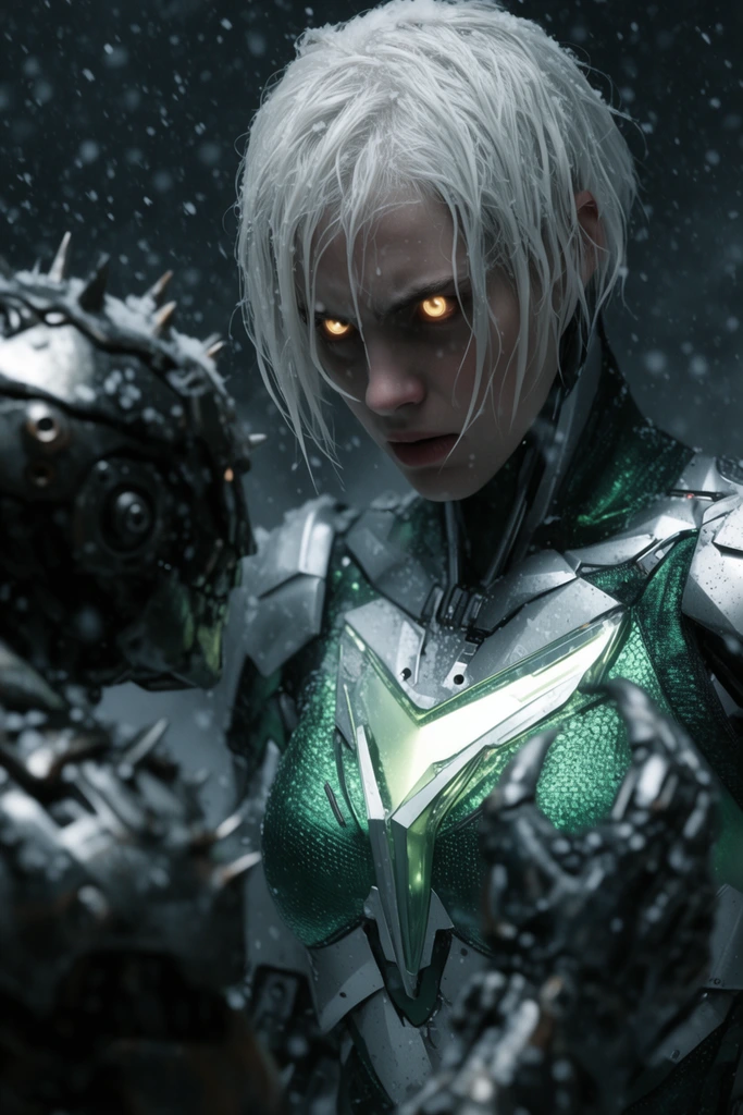 An intense standoff between a cybernetic soldier and a mechanized opponent during a heavy snowstorm. Close-up shot of the soldier featuring pale skin, short white wet hair, and glowing amber eyes showing grim determination. They wear a textured silver and emerald-green combat suit with an angular luminescent chest crest. In the out-of-focus foreground, a massive spiked robotic claw is raised. Heavy snow falls through the dark environment. Cinematic lighting, high contrast, shallow depth of field, moody atmosphere.