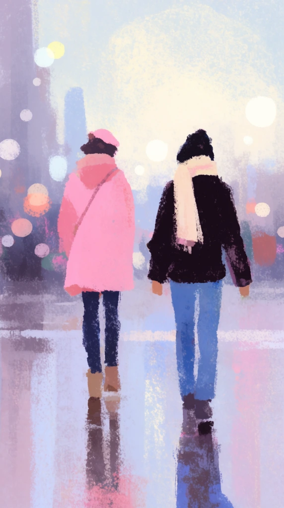two stylized figures walking on wet reflective pavement, pink coat, dark jacket with pale scarf, hazy urban background, bright sky with soft bokeh, pastel color palette, textured digital painting, chalk-like impressionistic brushstrokes