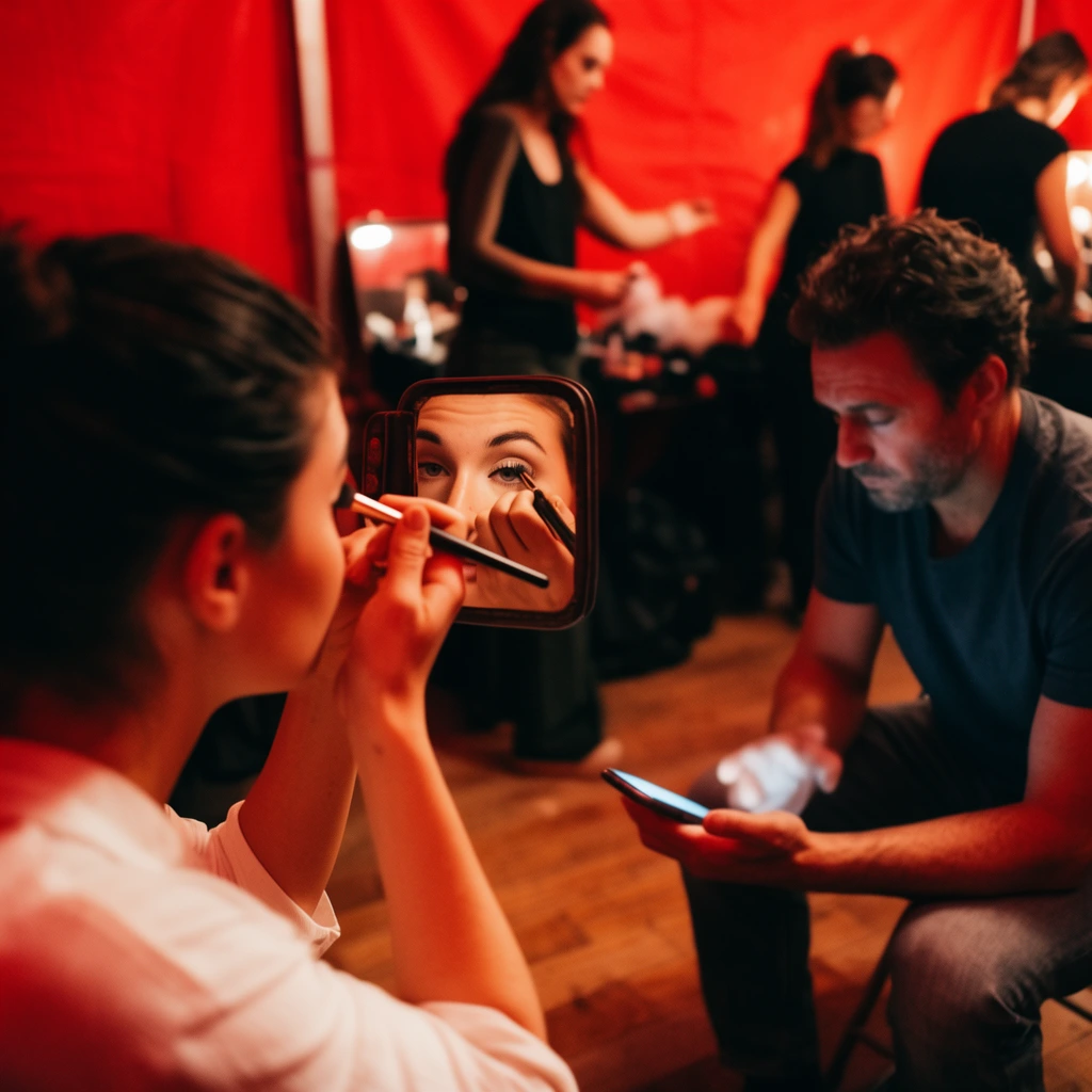 woman applying eye makeup, sharp reflection of eye and brush in hand mirror, white shirt, seated man illuminated by glowing smartphone screen, blurred figures preparing in background, intense ambient red lighting, backstage dressing room, red fabric walls, wooden floor, shallow depth of field, cinematic documentary photography, rich bokeh