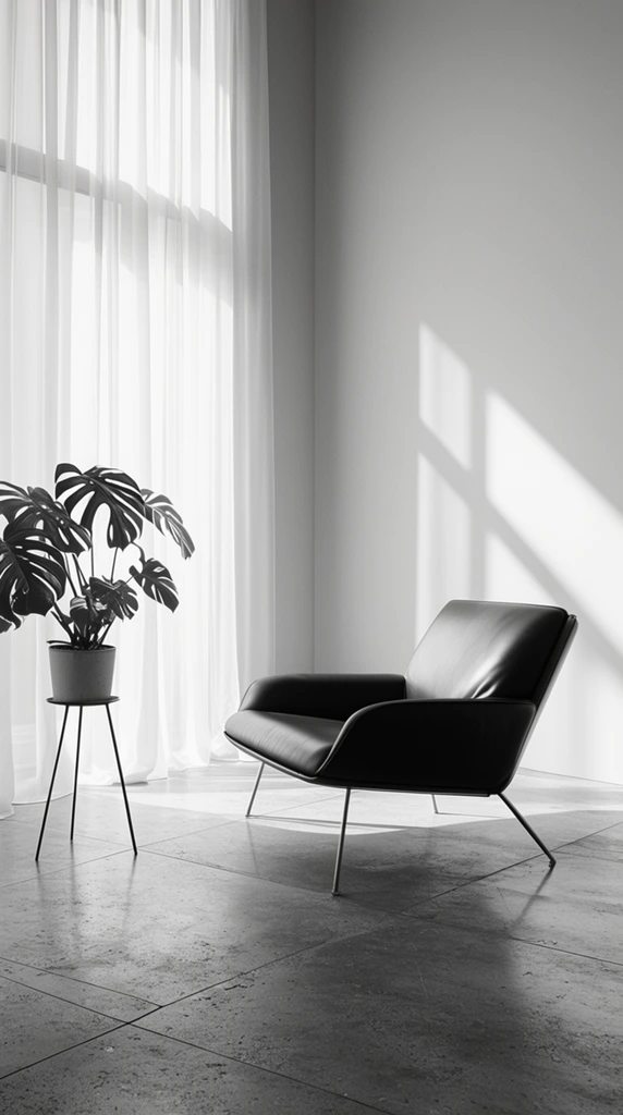 minimalist black and white interior, sleek low-profile leather armchair with thin metal legs in a corner, bright natural sunlight illuminating floor-to-ceiling sheer curtains, sharp geometric shadows cast on smooth walls, potted Monstera plant on a slender three-legged stand in the foreground, large textured concrete floor tiles, high contrast